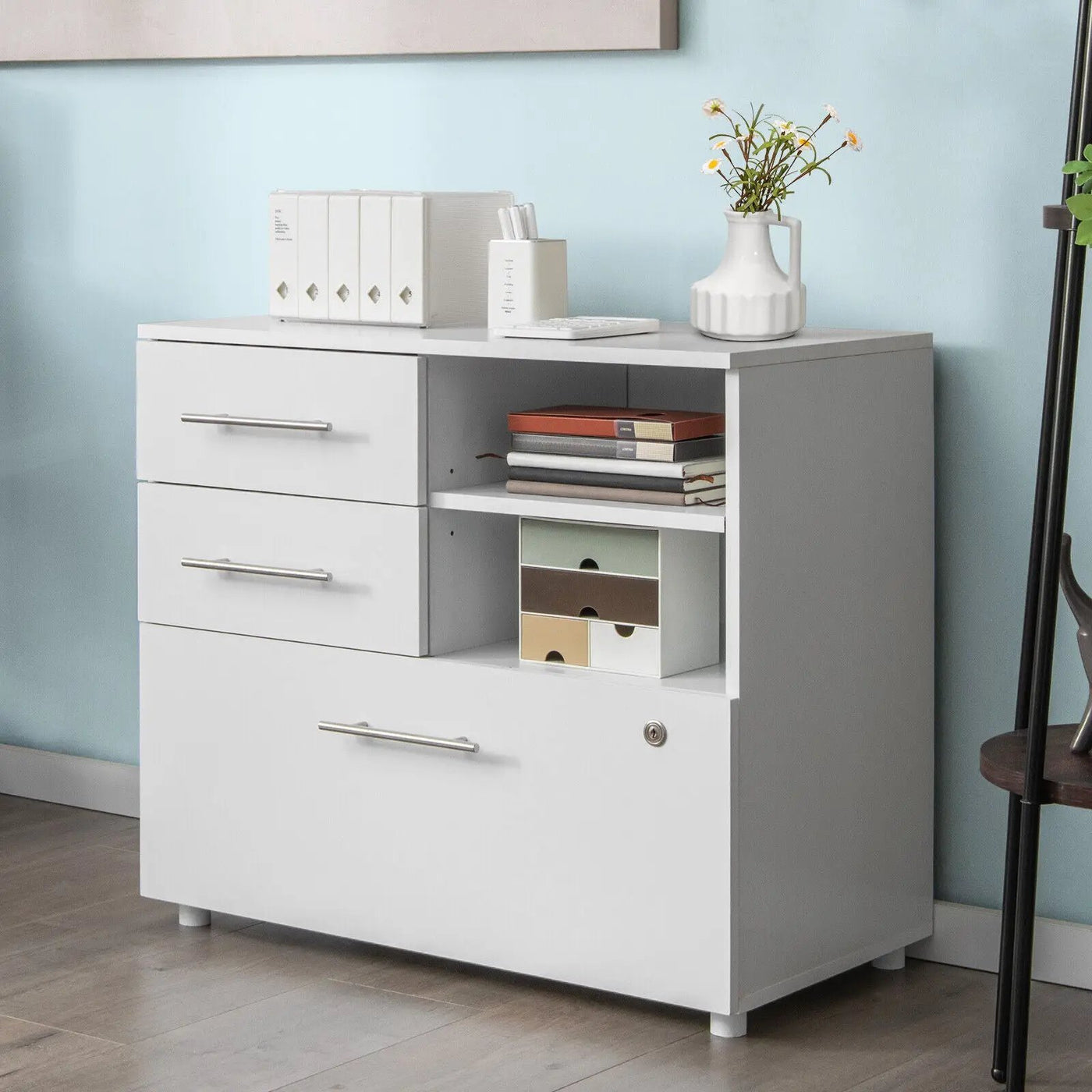 3 Drawer Lateral File Cabinet on Wheels with Storage Shelves by DirectDeals