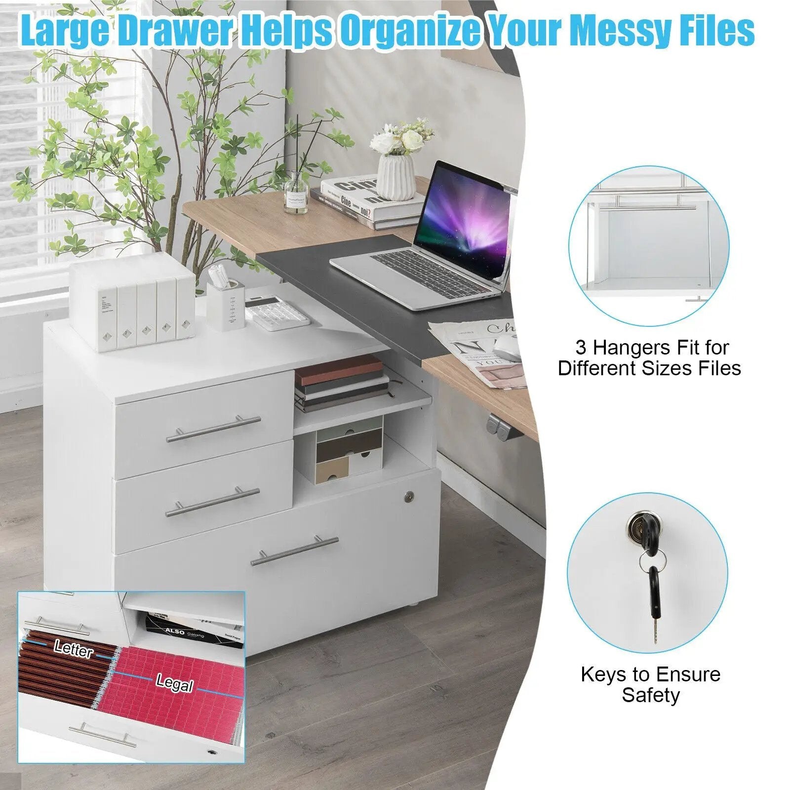 3 Drawer Lateral File Cabinet on Wheels with Storage Shelves by DirectDeals