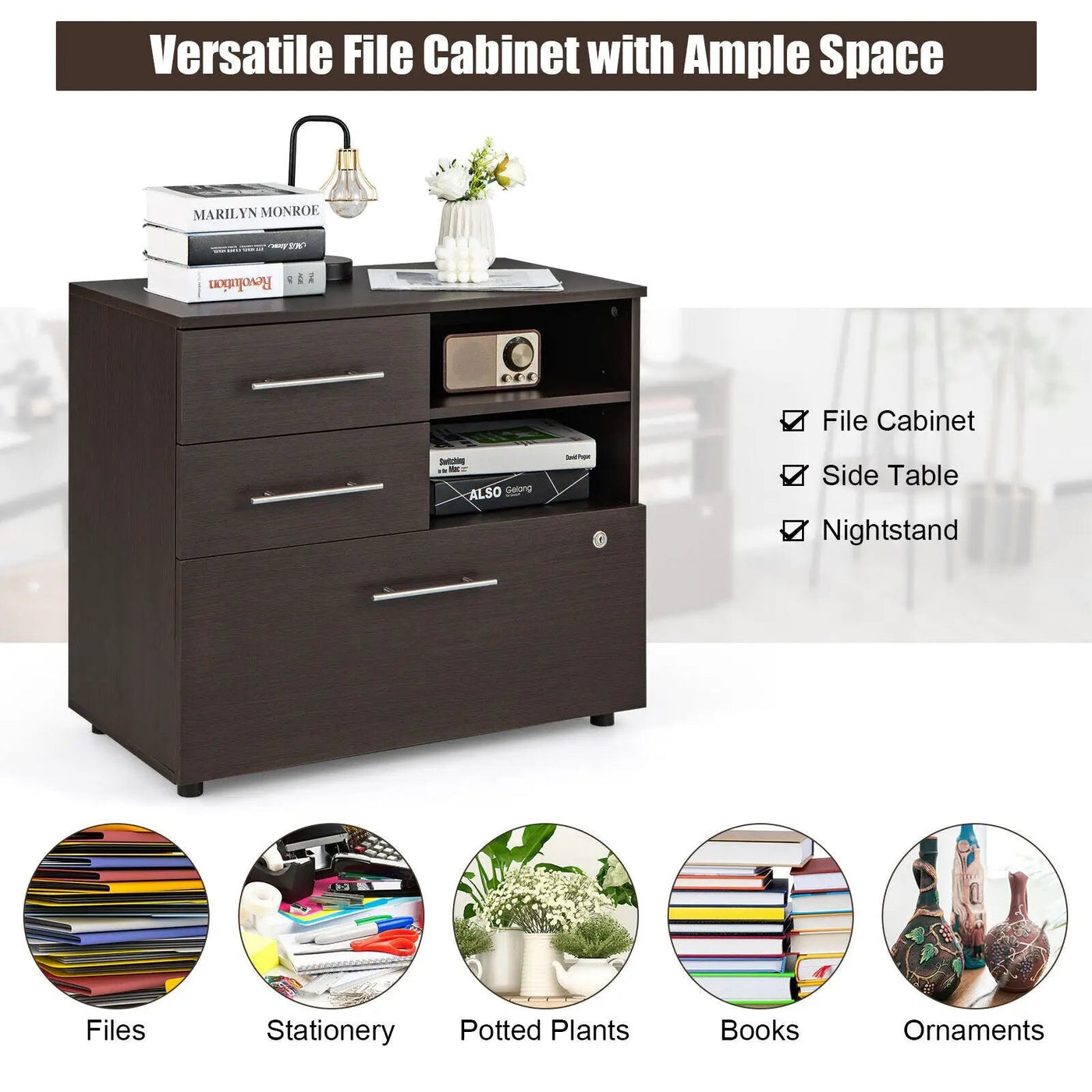 3 Drawer Lateral File Cabinet on Wheels with Storage Shelves by DirectDeals