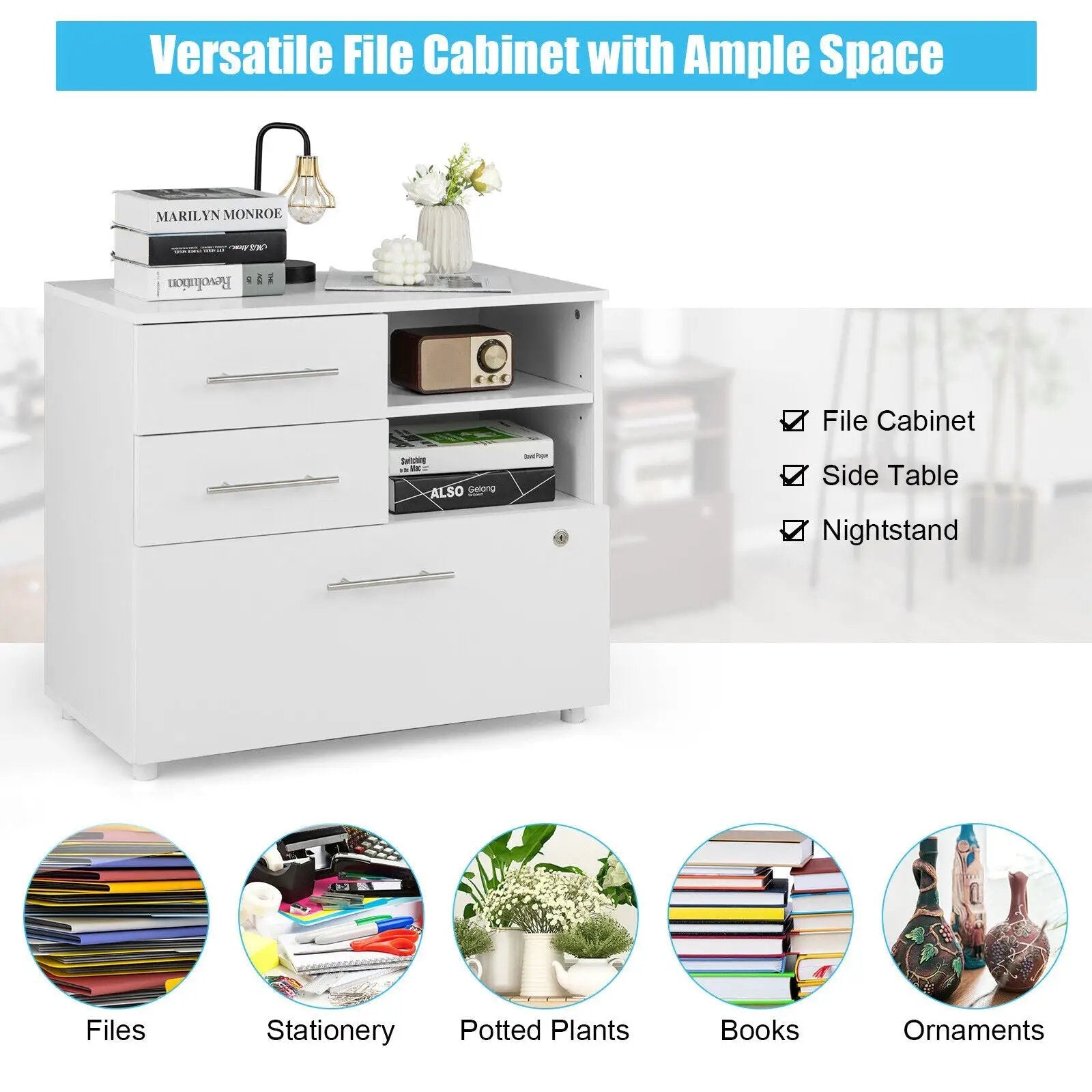 3 Drawer Lateral File Cabinet on Wheels with Storage Shelves by DirectDeals