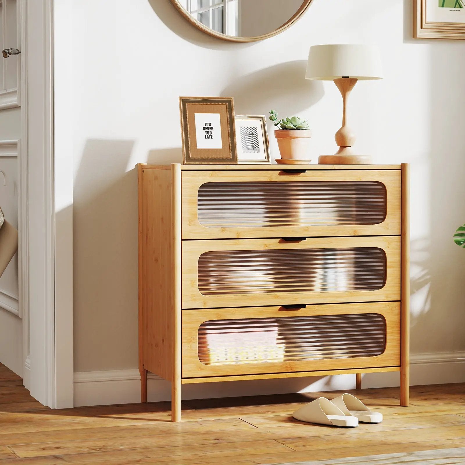 3 Drawer Mid Century Modern Chest of Drawers with Reeded Tempered Glass Front-Natural by DirectDeals