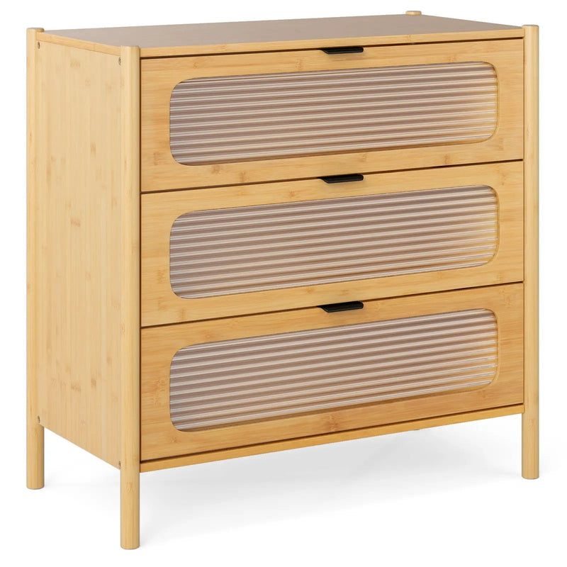 3 Drawer Mid Century Modern Chest of Drawers with Reeded Tempered Glass Front-Natural by DirectDeals