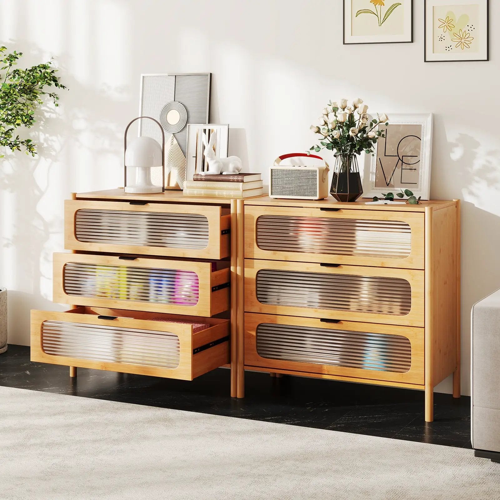 3 Drawer Mid Century Modern Chest of Drawers with Reeded Tempered Glass Front-Natural by DirectDeals