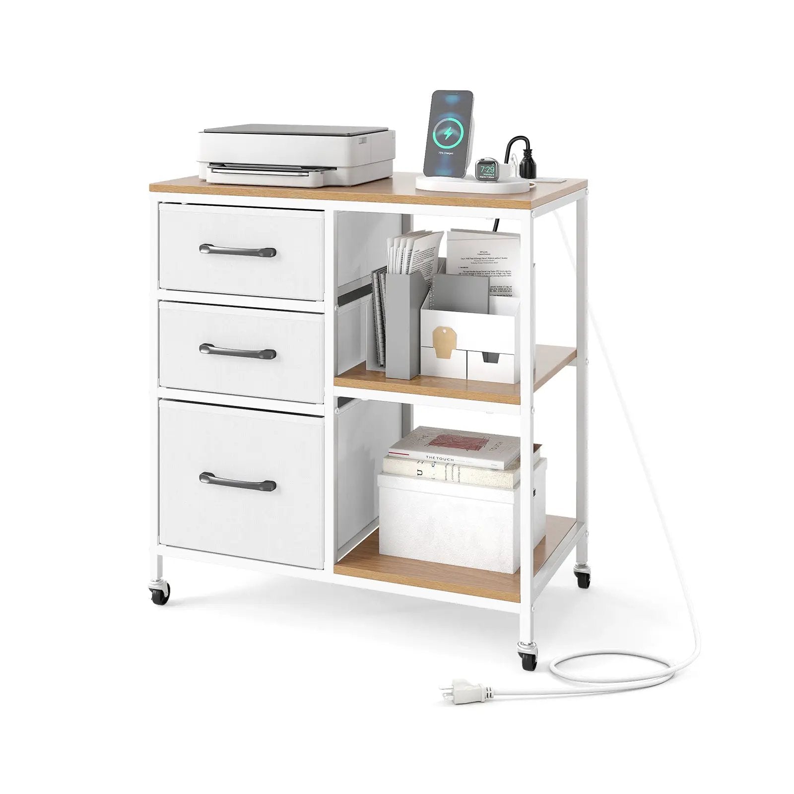 3 Drawer Mobile File Cabinet with Charging Station Rolling Printer Stand with Open Storage Shelves by DirectDeals