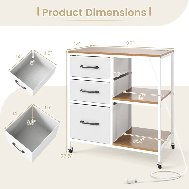 3 Drawer Mobile File Cabinet with Charging Station Rolling Printer Stand with Open Storage Shelves by DirectDeals
