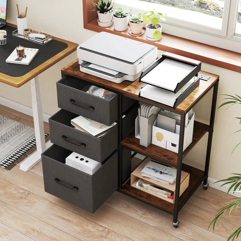 3 Drawer Mobile File Cabinet with Charging Station Rolling Printer Stand with Open Storage Shelves by DirectDeals