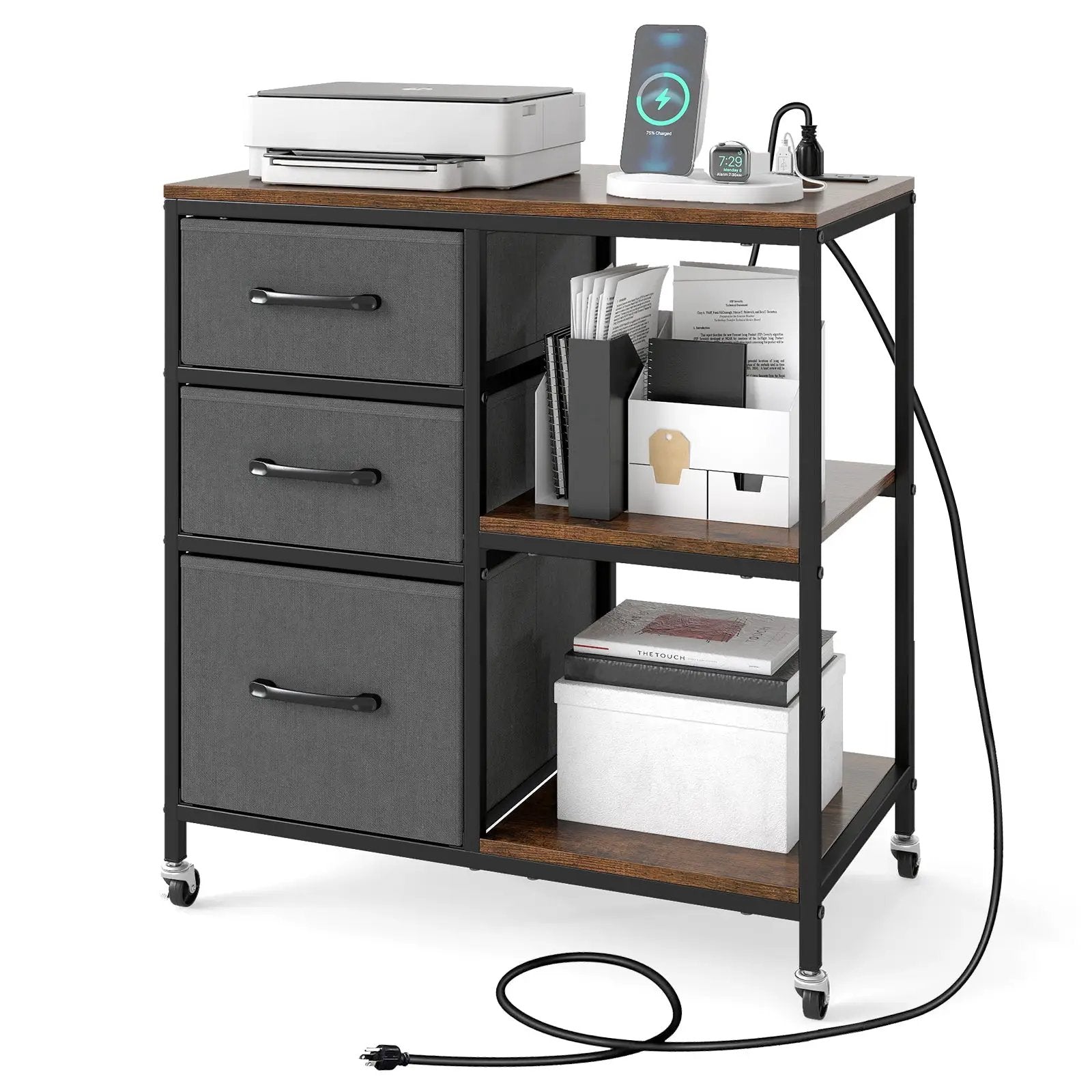 3 Drawer Mobile File Cabinet with Charging Station Rolling Printer Stand with Open Storage Shelves by DirectDeals