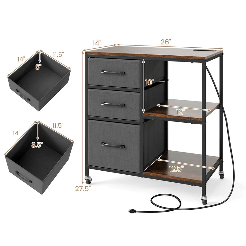 3 Drawer Mobile File Cabinet with Charging Station Rolling Printer Stand with Open Storage Shelves by DirectDeals
