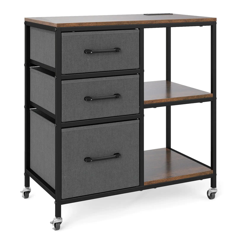 3 Drawer Mobile File Cabinet with Charging Station Rolling Printer Stand with Open Storage Shelves by DirectDeals