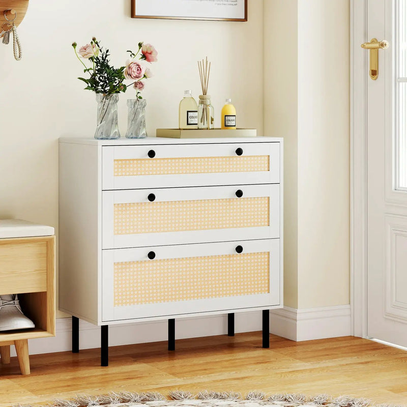 3-Drawer Rattan Nightstand Boho Chest of Drawers for Bedroom by DirectDeals