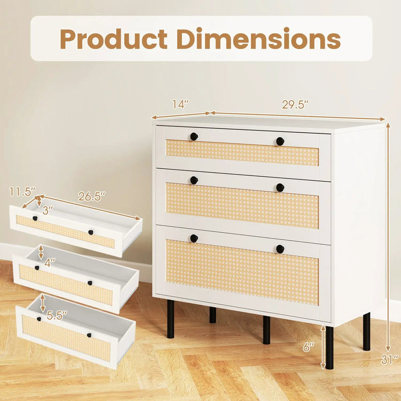 3-Drawer Rattan Nightstand Boho Chest of Drawers for Bedroom by DirectDeals