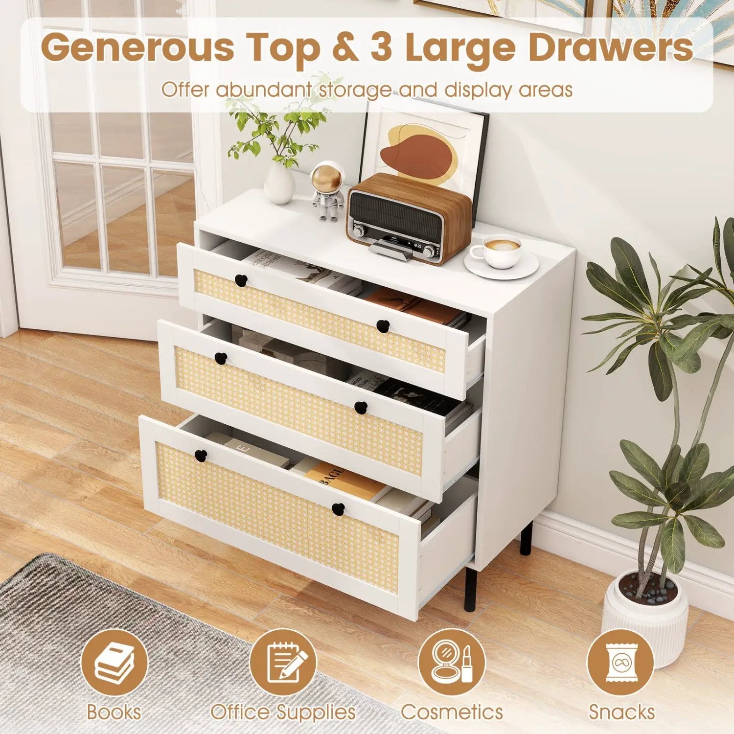 3-Drawer Rattan Nightstand Boho Chest of Drawers for Bedroom by DirectDeals