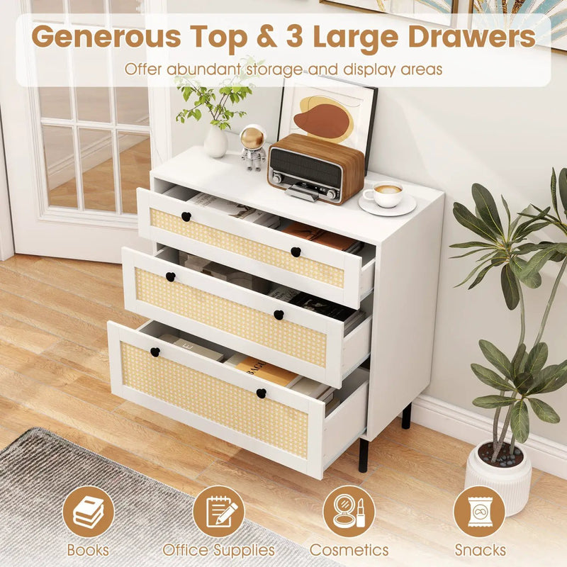 3-Drawer Rattan Nightstand Boho Chest of Drawers for Bedroom by DirectDeals
