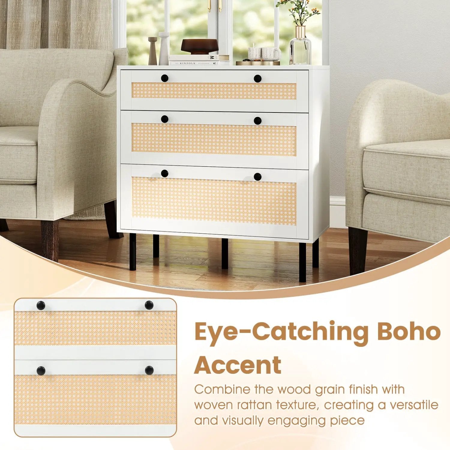 3-Drawer Rattan Nightstand Boho Chest of Drawers for Bedroom by DirectDeals