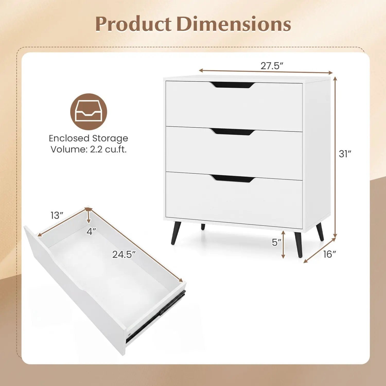 3-Drawer Wooden Dresser with Metal Legs - Rustic Farmhouse by DirectDeals