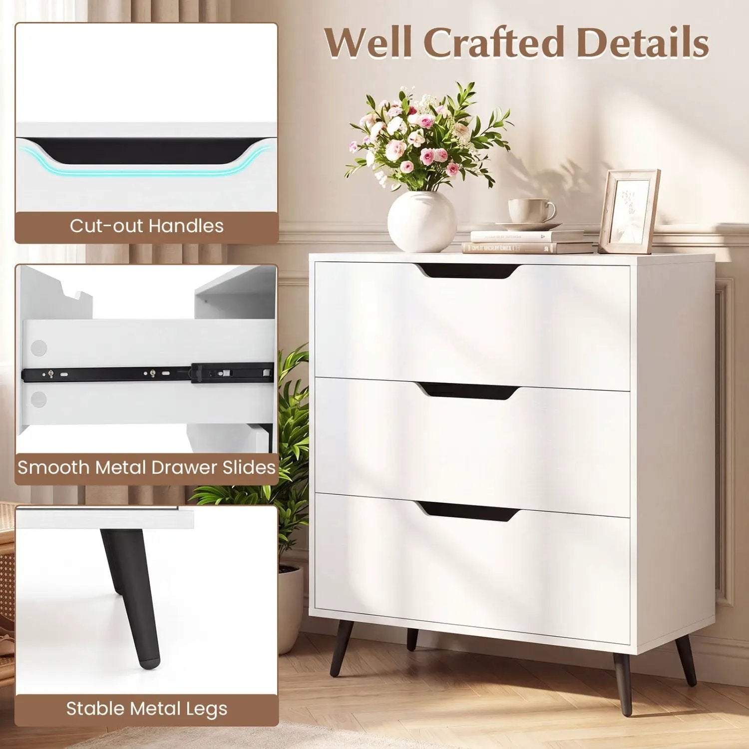 3-Drawer Wooden Dresser with Metal Legs - Rustic Farmhouse by DirectDeals