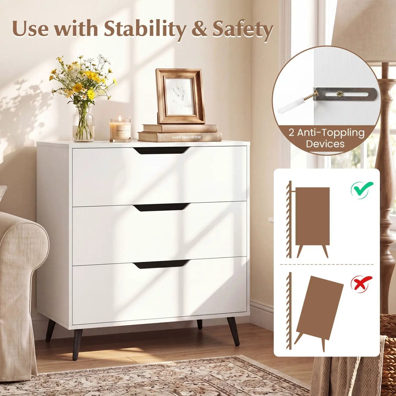 3-Drawer Wooden Dresser with Metal Legs - Rustic Farmhouse by DirectDeals