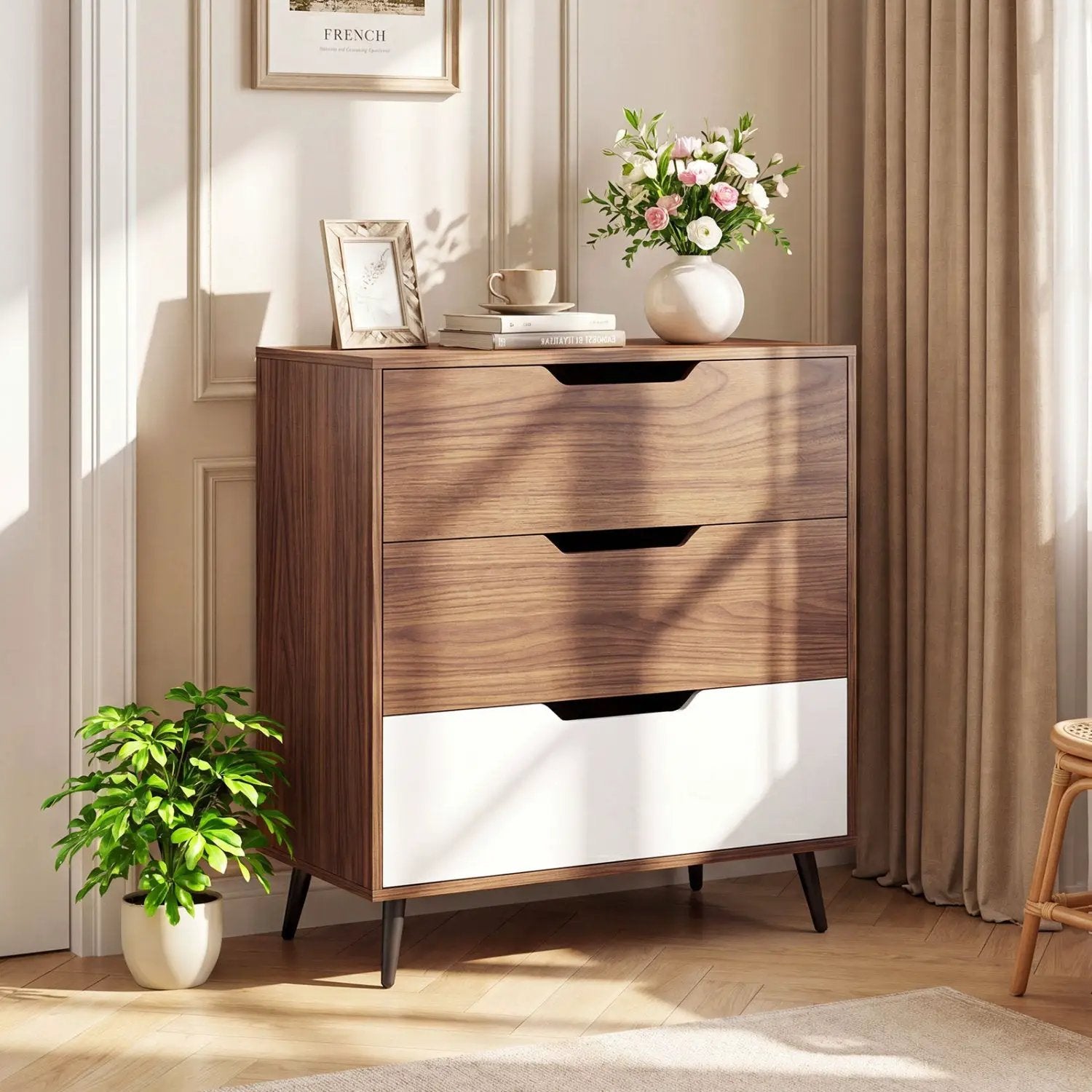 3-Drawer Wooden Dresser with Metal Legs - Rustic Farmhouse by DirectDeals