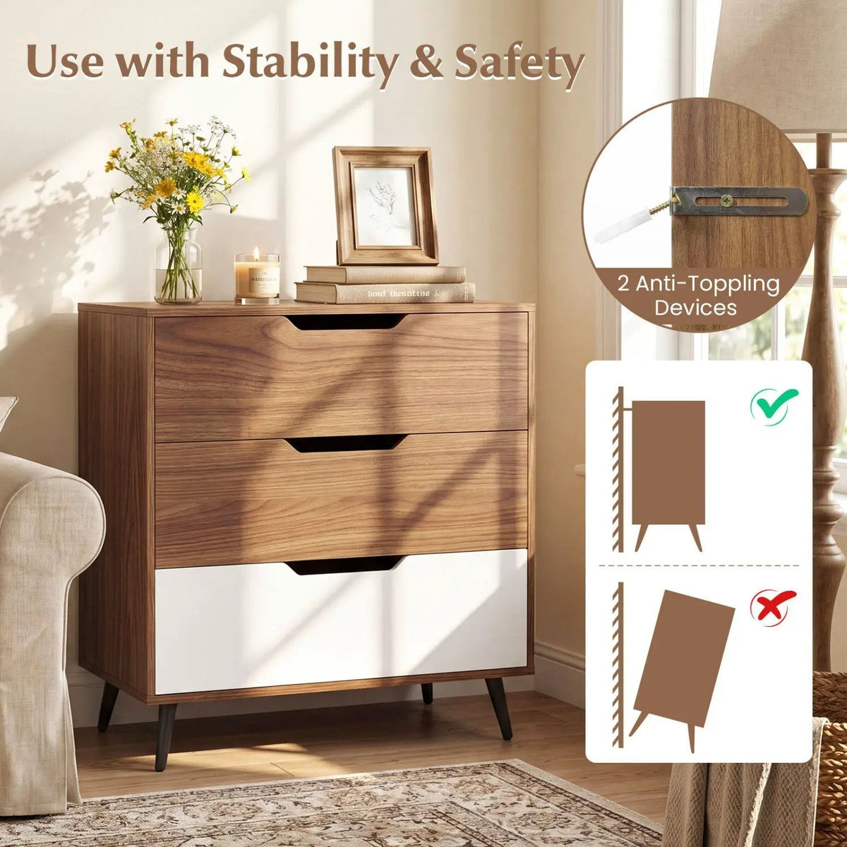 3-Drawer Wooden Dresser with Metal Legs - Rustic Farmhouse by DirectDeals