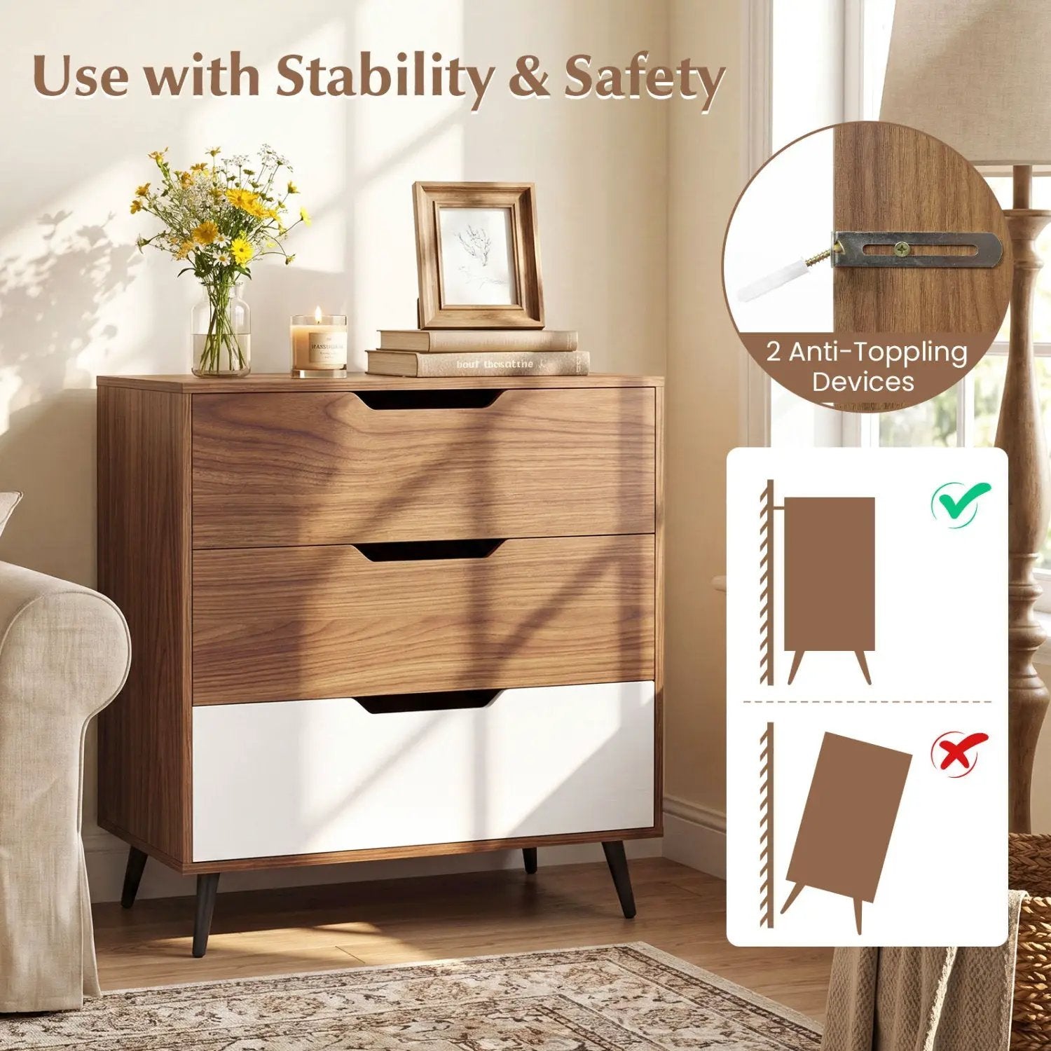 3-Drawer Wooden Dresser with Metal Legs - Rustic Farmhouse by DirectDeals