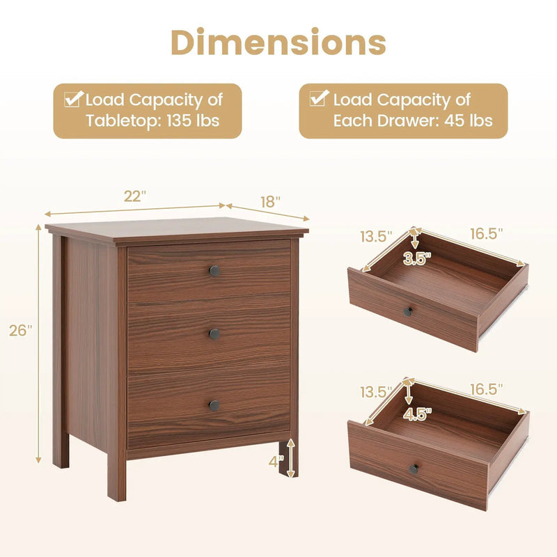3-Drawer Wooden Nightstand Modern Bedside Table by DirectDeals
