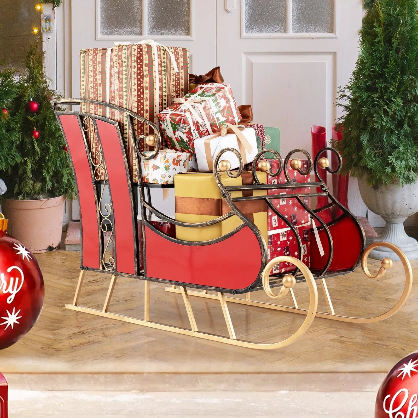 3 FT Christmas Metal Sleigh Decoration Santa Sleigh with 2-Tier Storage Shelf by DirectDeals