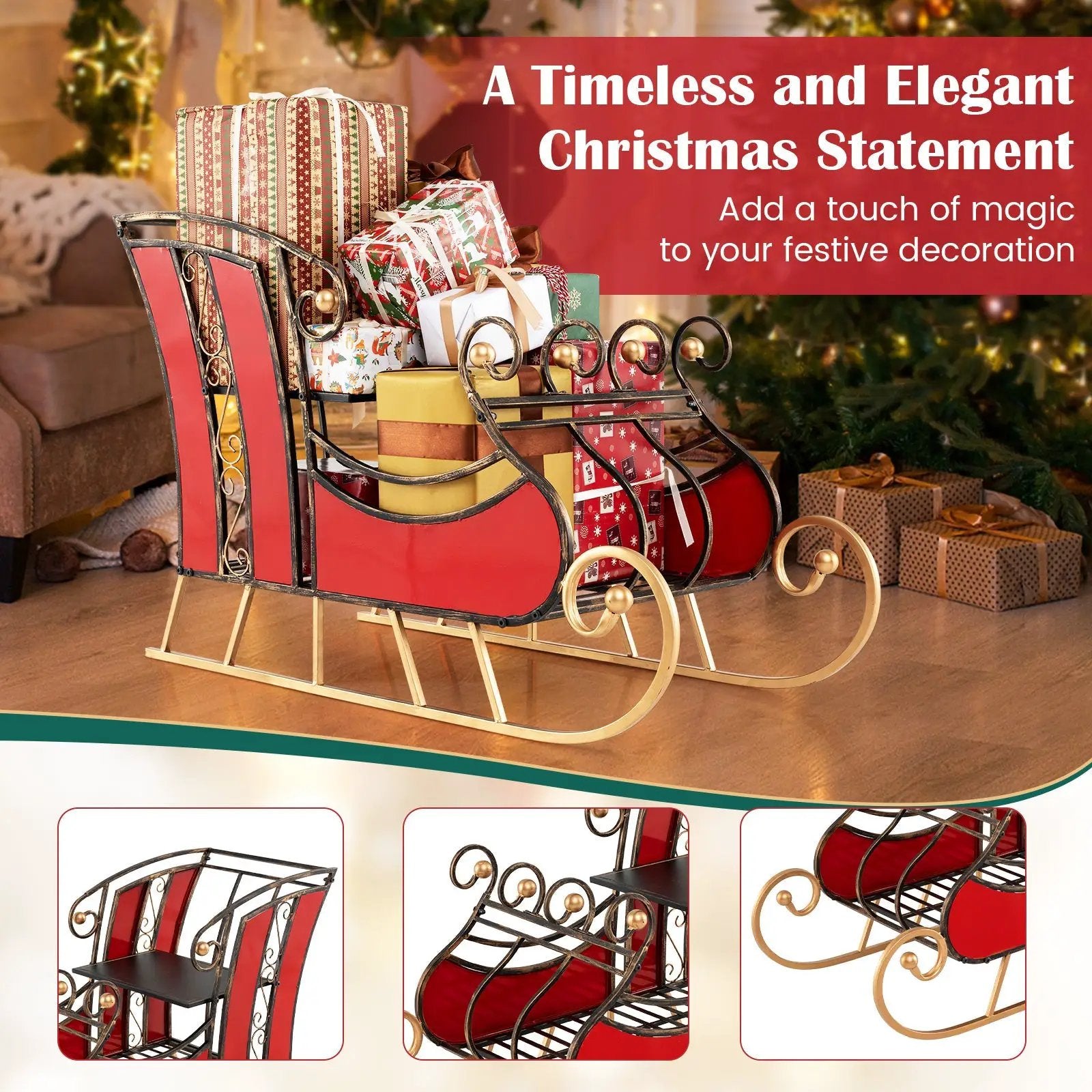 3 FT Christmas Metal Sleigh Decoration Santa Sleigh with 2-Tier Storage Shelf by DirectDeals