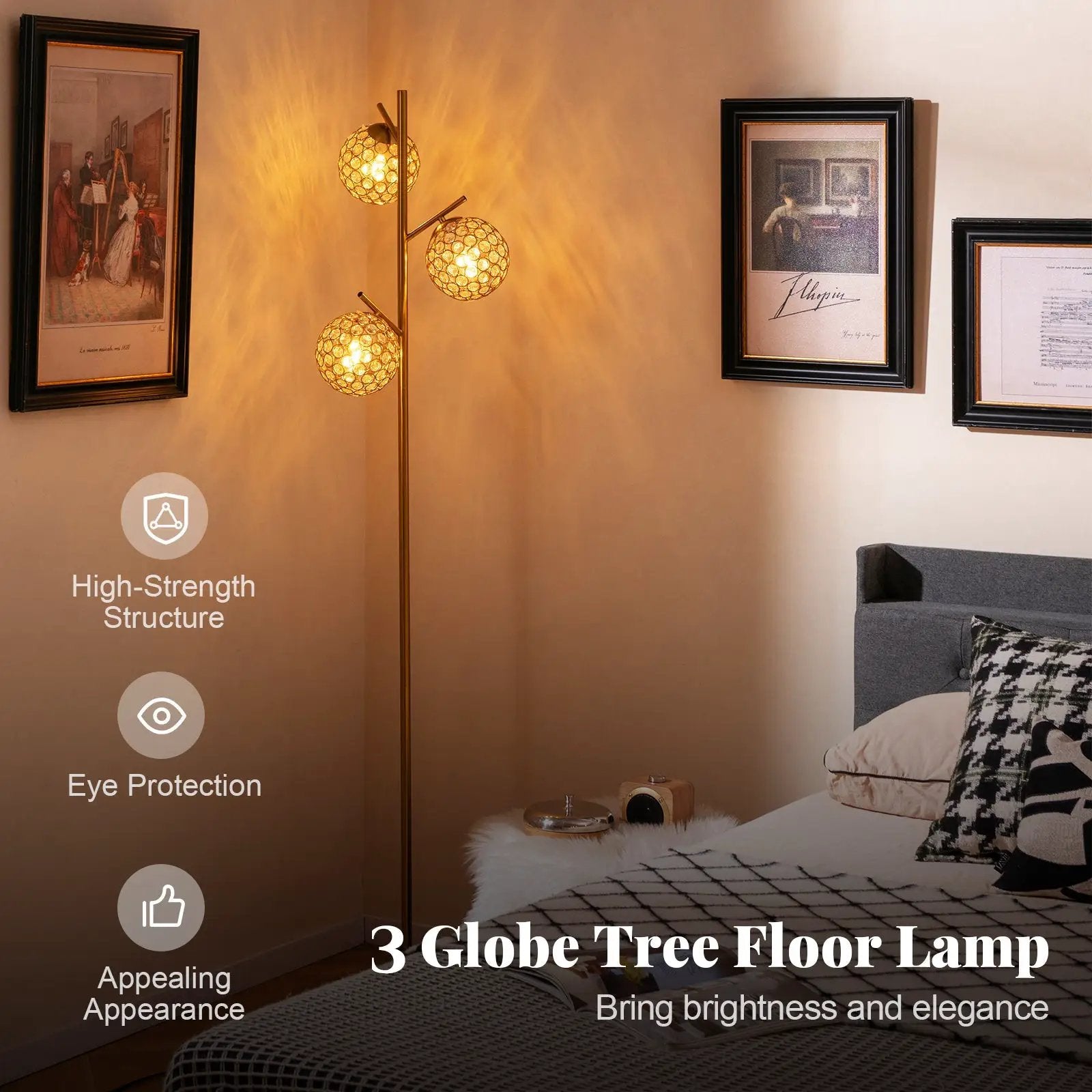 3-Globe Floor Lamp with Foot Switch and 3 E26 Bulb Bases-Golden by DirectDeals