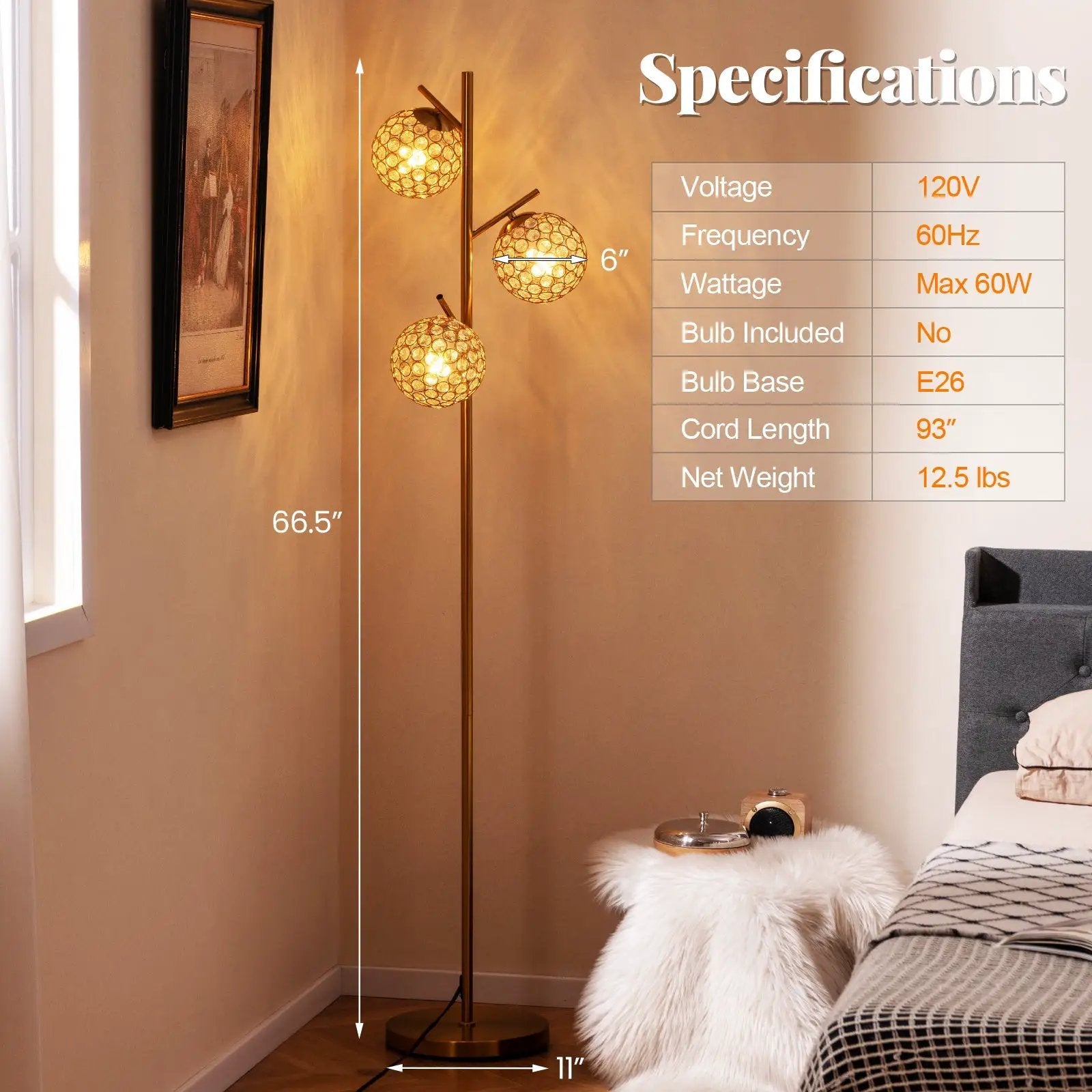 3-Globe Floor Lamp with Foot Switch and 3 E26 Bulb Bases-Golden by DirectDeals