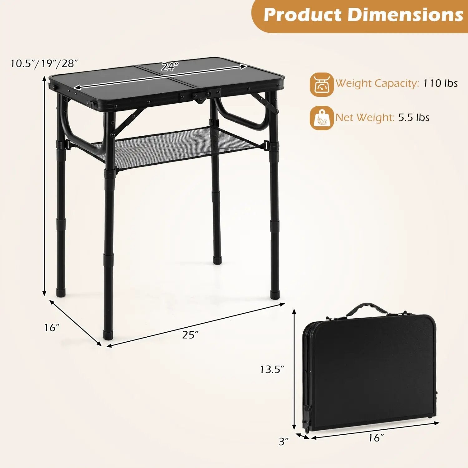 3-Height Folding Camping Table with Large Storage Net & Handle by DirectDeals