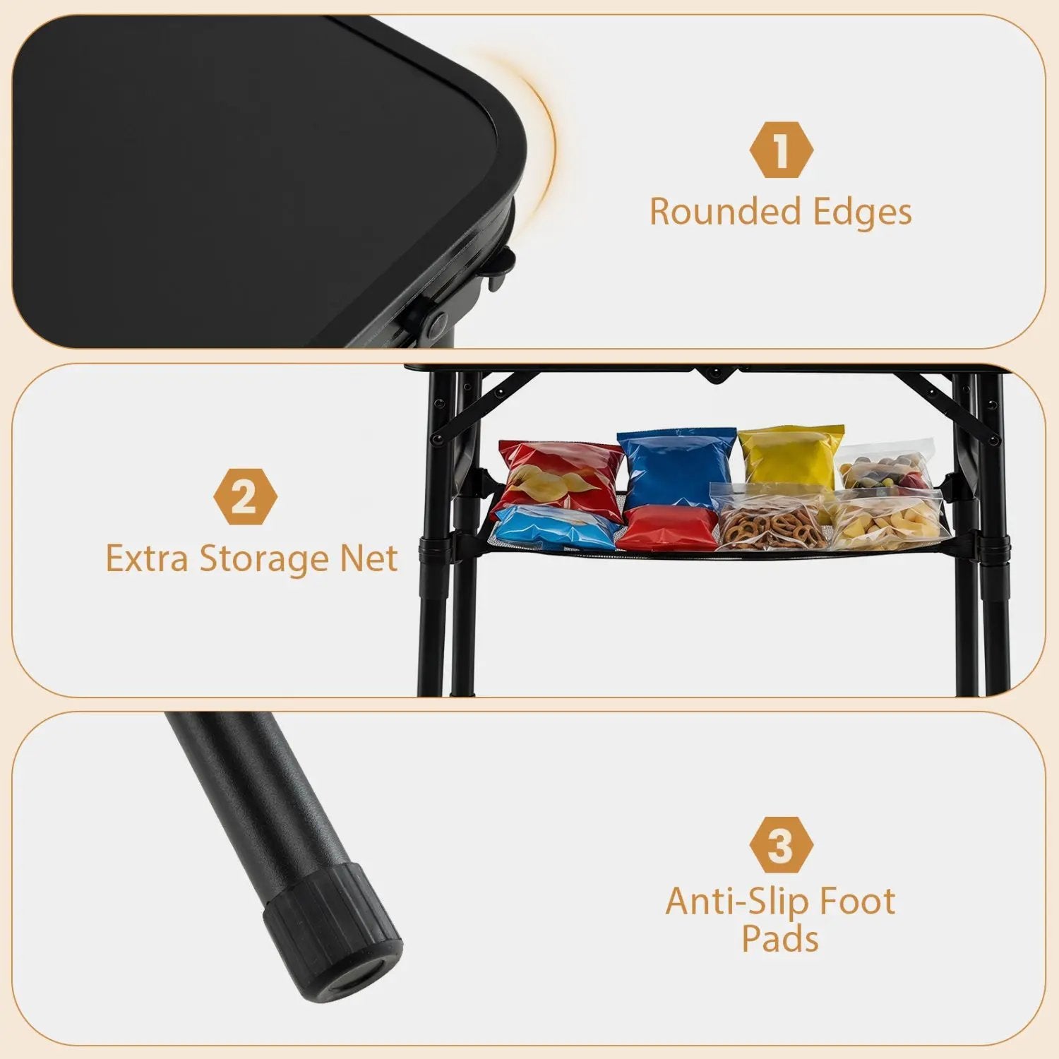 3-Height Folding Camping Table with Large Storage Net & Handle by DirectDeals
