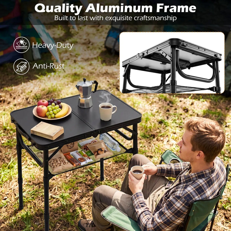 3-Height Folding Camping Table with Large Storage Net & Handle by DirectDeals