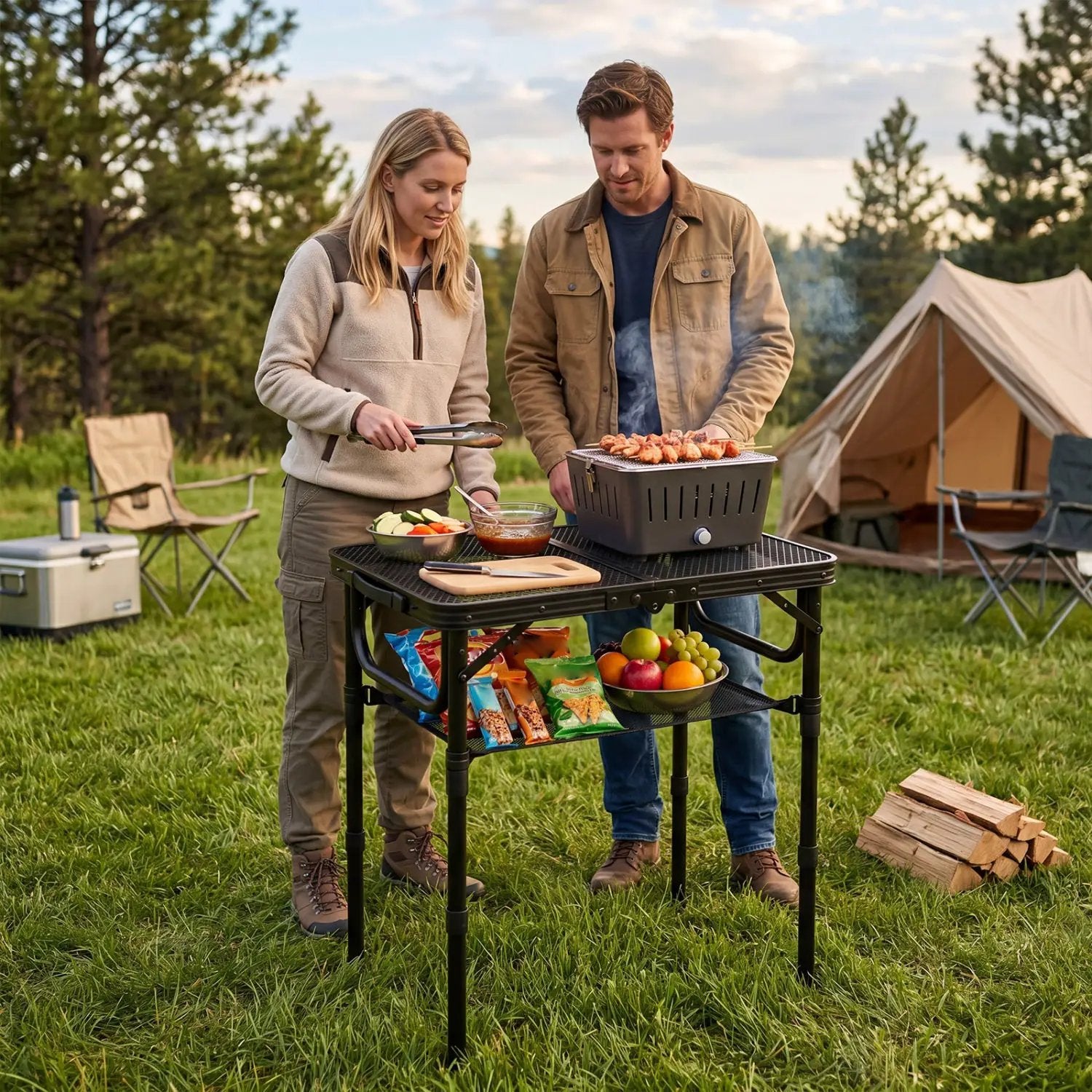 3-Height Folding Picnic Table with Large Storage Net and Handle by DirectDeals