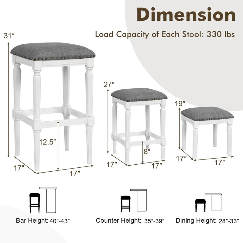 3 Heights Square Saddle Stool Set of 2 with Footrests and Padded Seats-Gray by DirectDeals