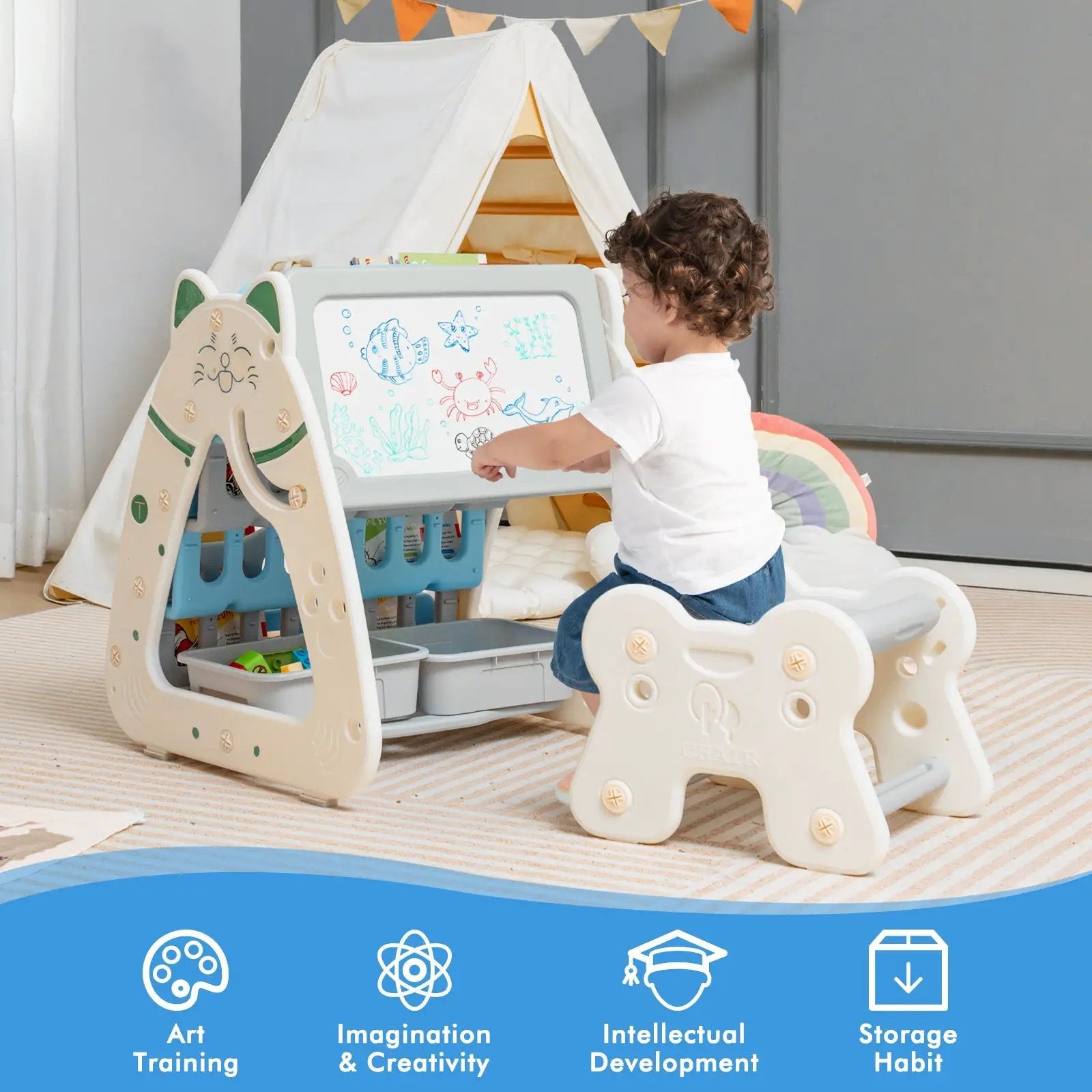 3-In-1 Double Sided Magnetic Dry-Erase Board with Stool and Flipped Writing Desktop by DirectDeals