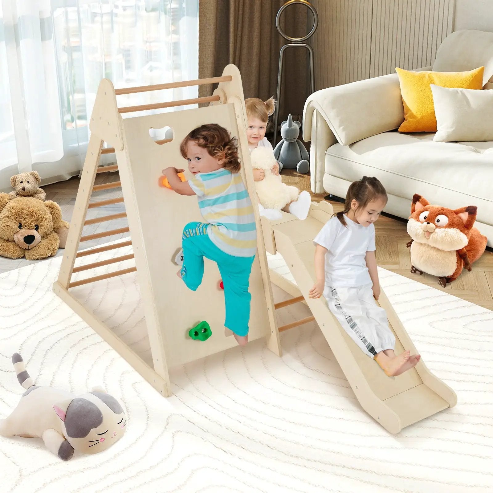 3-In 1 Jungle Gym Indoor Playground with Extended Slide for Toddlers-Natural by DirectDeals