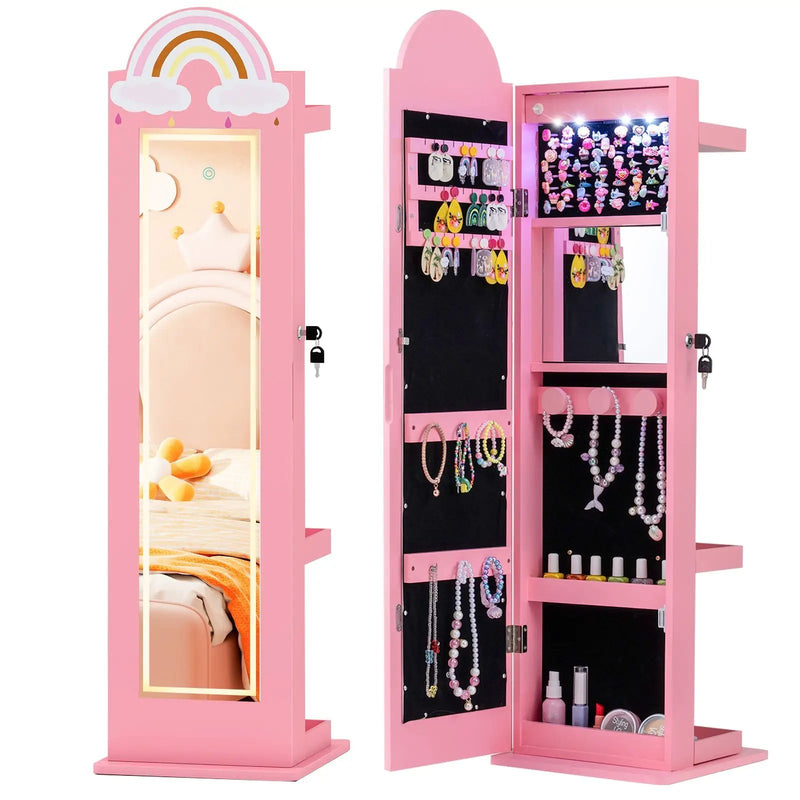 3 In 1 Kids Jewelry Cabinet Freestanding Jewelry Armoire with 3-Color Lighted Mirror by DirectDeals