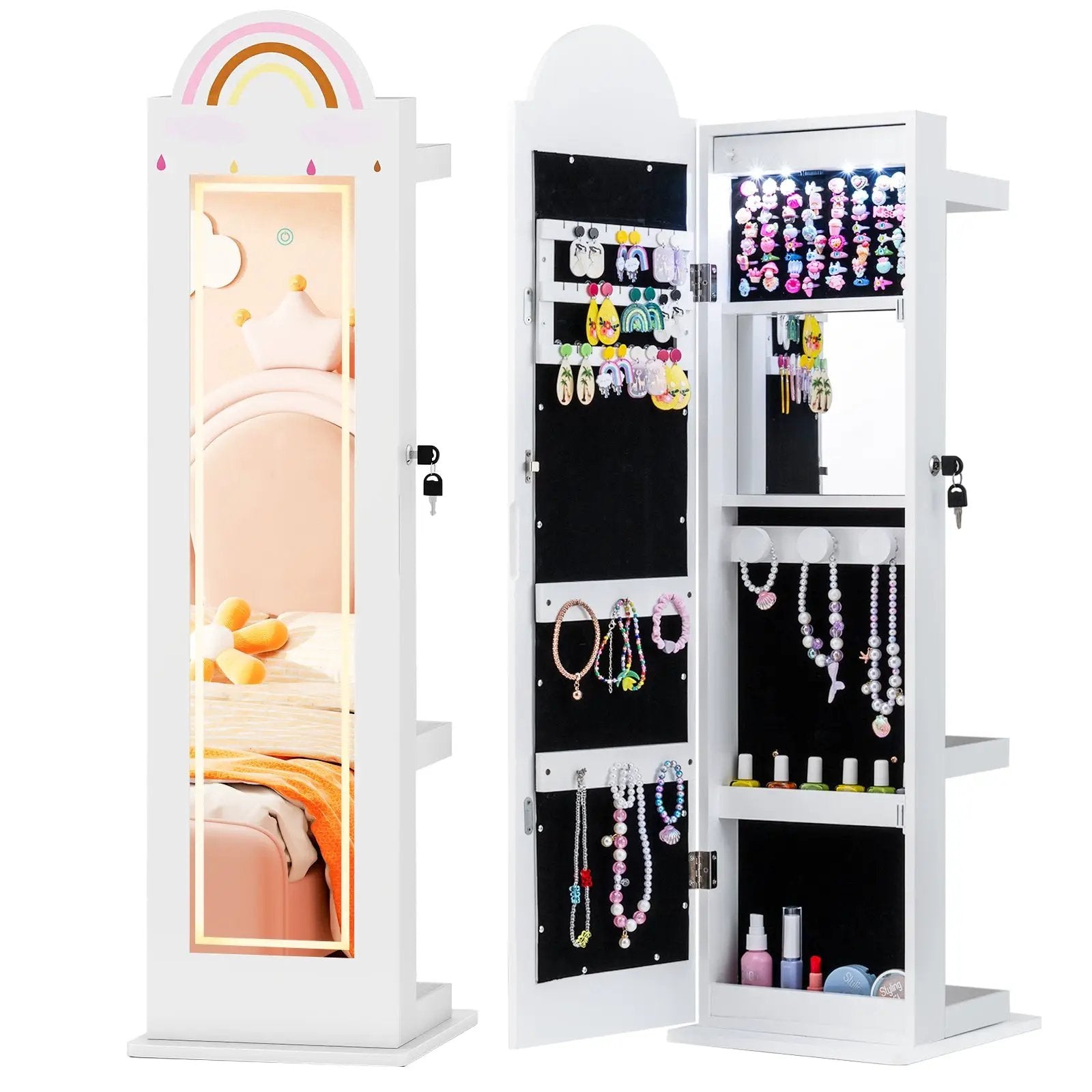 3 In 1 Kids Jewelry Cabinet Freestanding Jewelry Armoire with 3-Color Lighted Mirror by DirectDeals