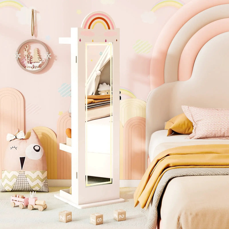 3 In 1 Kids Jewelry Cabinet Freestanding Jewelry Armoire with 3-Color Lighted Mirror by DirectDeals
