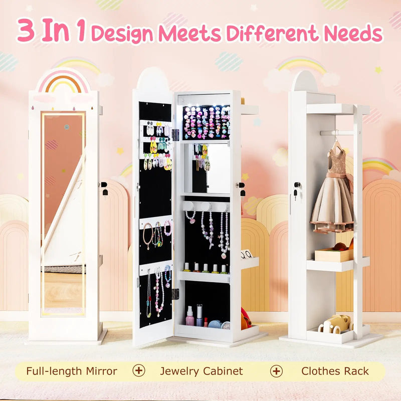 3 In 1 Kids Jewelry Cabinet Freestanding Jewelry Armoire with 3-Color Lighted Mirror by DirectDeals