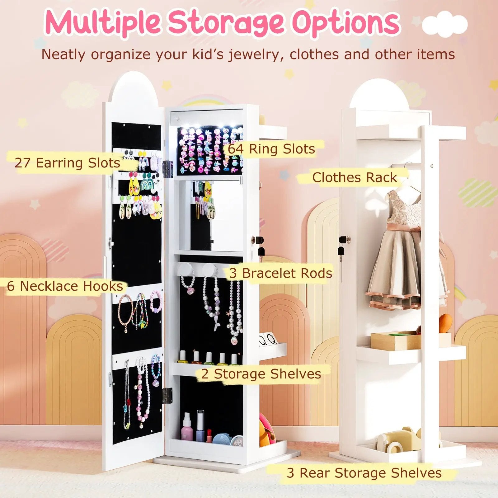 3 In 1 Kids Jewelry Cabinet Freestanding Jewelry Armoire with 3-Color Lighted Mirror by DirectDeals
