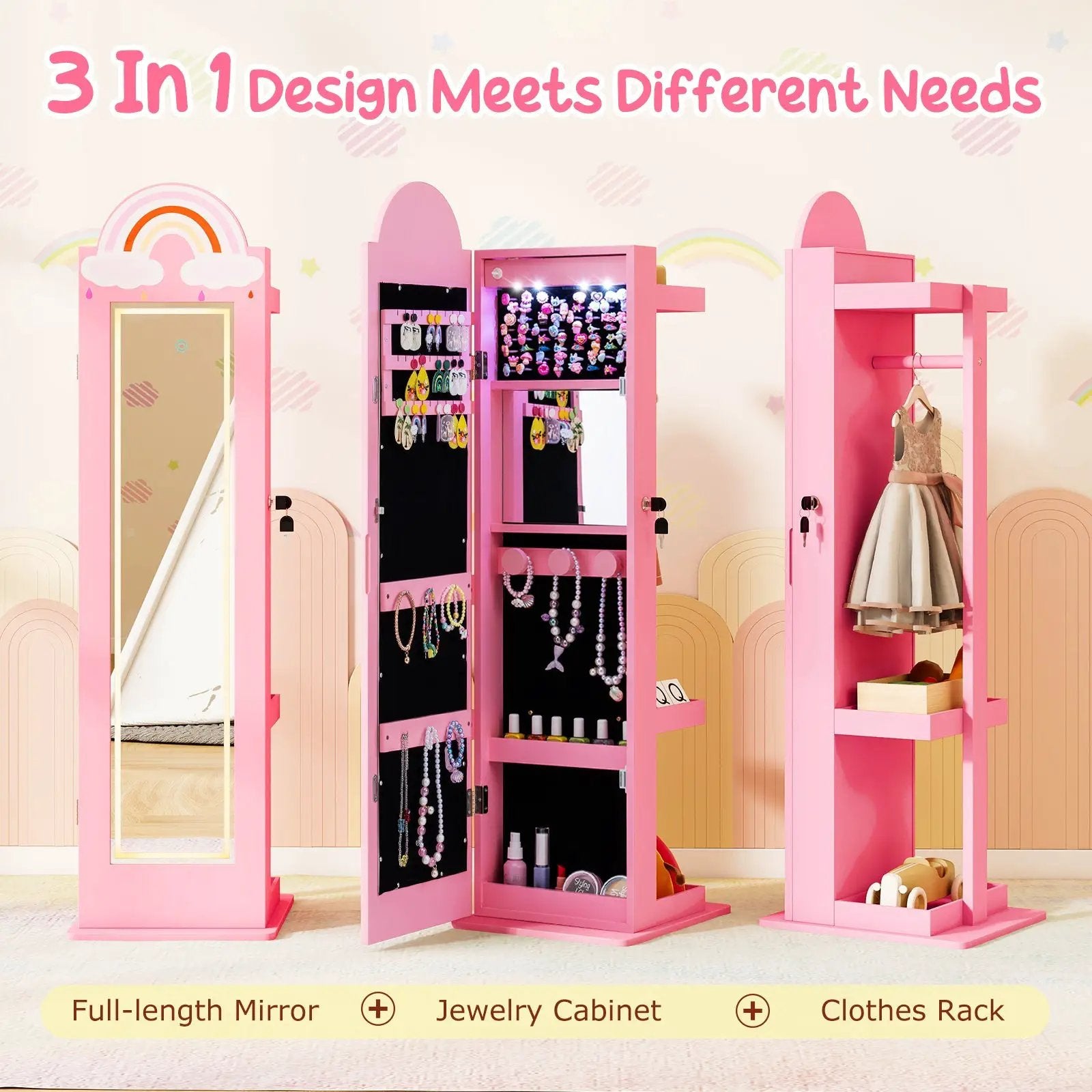 3 In 1 Kids Jewelry Cabinet Freestanding Jewelry Armoire with 3-Color Lighted Mirror by DirectDeals