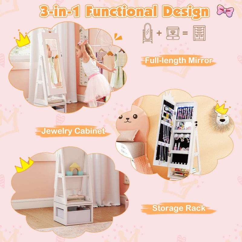 3 In 1 Kids Jewelry Cabinet with 3-Color Lighted Full Length Mirror by DirectDeals