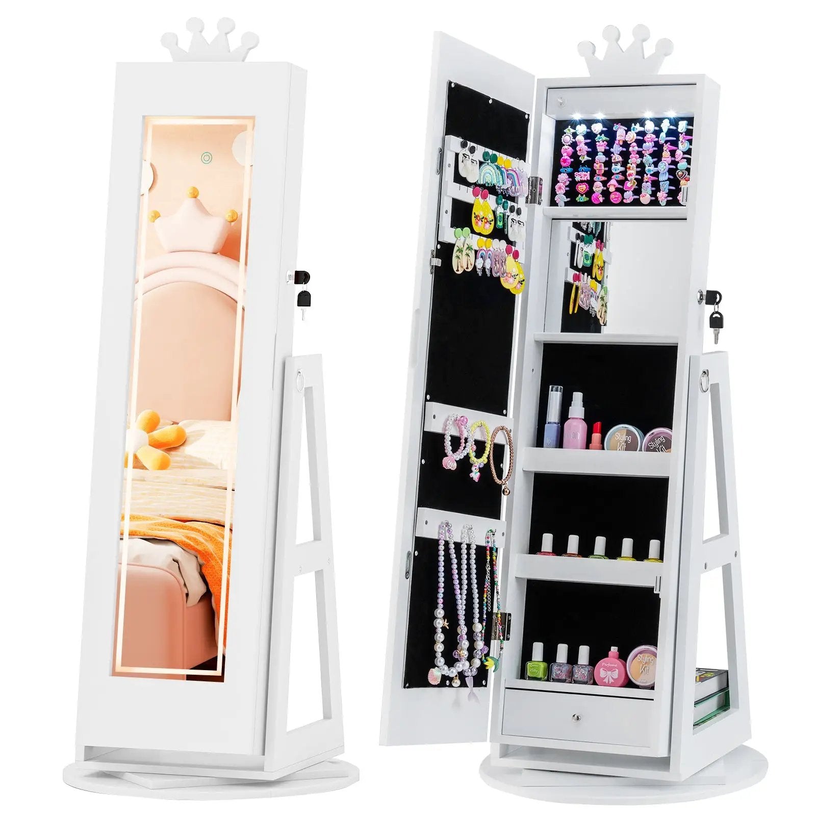 3 In 1 Kids Jewelry Cabinet with 3-Color Lighted Full Length Mirror and Internal Mirror by DirectDeals