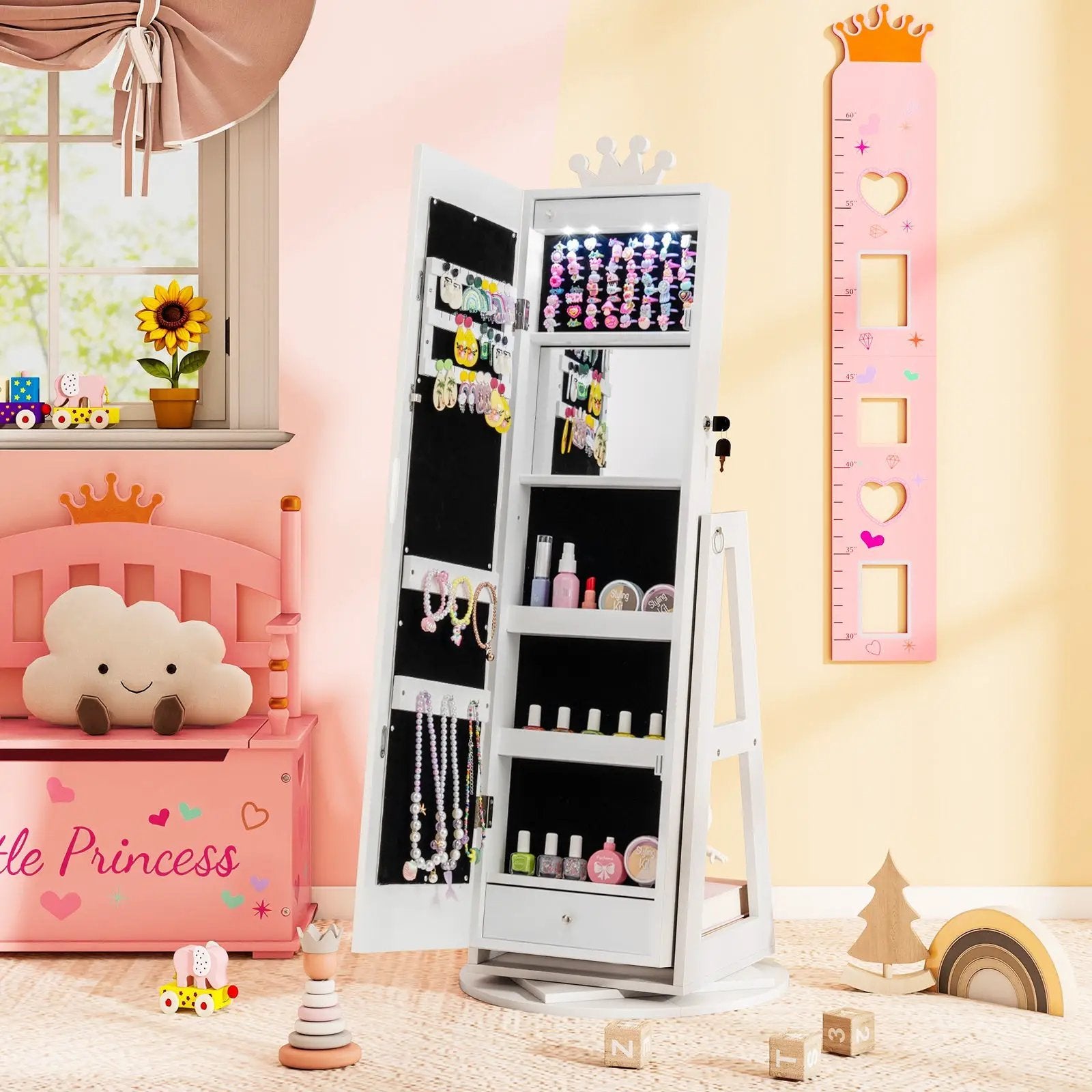 3 In 1 Kids Jewelry Cabinet with 3-Color Lighted Full Length Mirror and Internal Mirror by DirectDeals