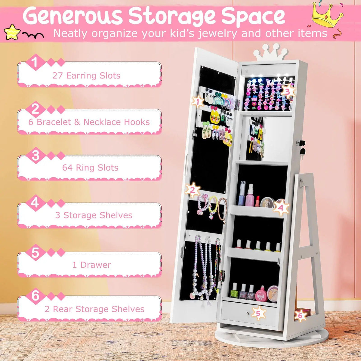 3 In 1 Kids Jewelry Cabinet with 3-Color Lighted Full Length Mirror and Internal Mirror by DirectDeals