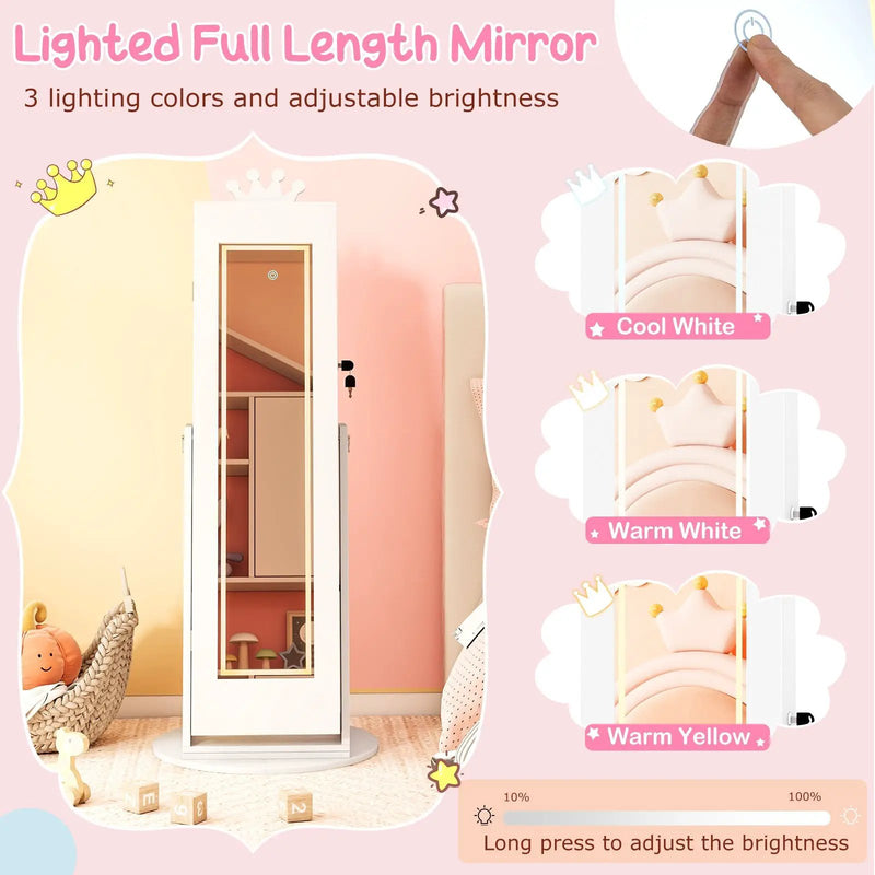 3 In 1 Kids Jewelry Cabinet with 3-Color Lighted Full Length Mirror and Internal Mirror by DirectDeals