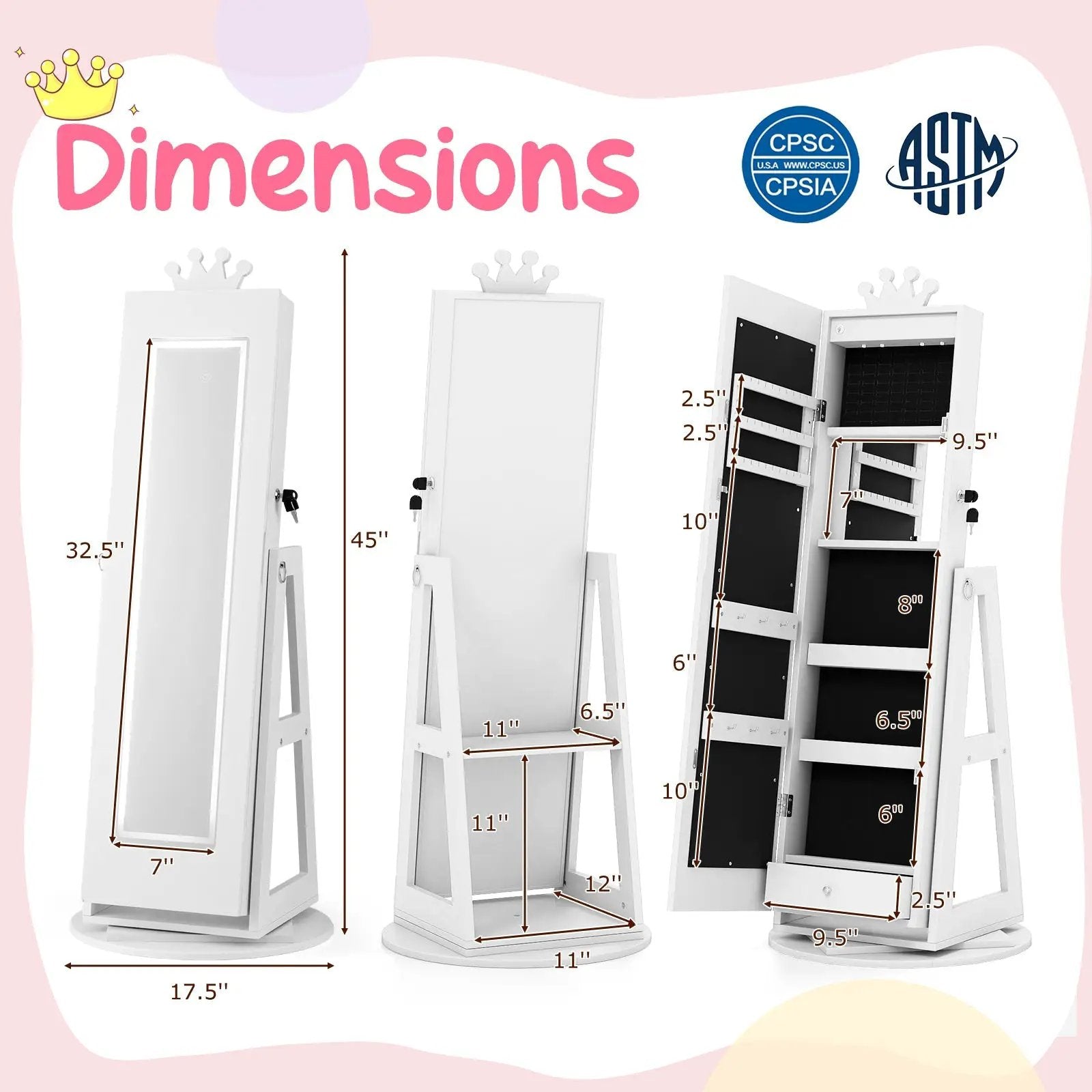 3 In 1 Kids Jewelry Cabinet with 3-Color Lighted Full Length Mirror and Internal Mirror by DirectDeals