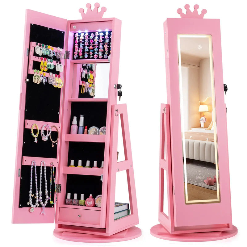 3 In 1 Kids Jewelry Cabinet with 3-Color Lighted Full Length Mirror and Internal Mirror by DirectDeals