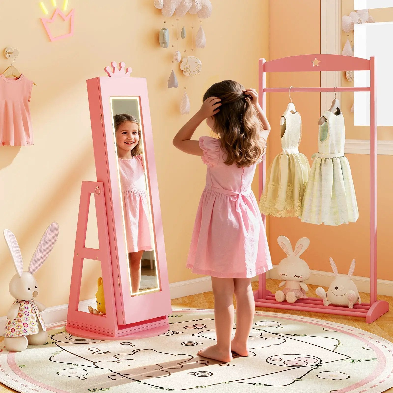 3 In 1 Kids Jewelry Cabinet with 3-Color Lighted Full Length Mirror and Internal Mirror by DirectDeals